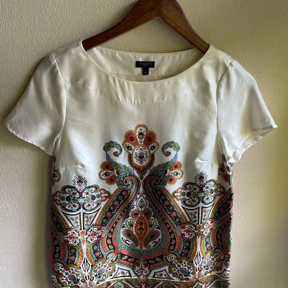 Talbot's Silk Paisley Patterned Blouse. Cap Sleeves, Side Zip. Cream, Green. 2P - Picture 9 of 11